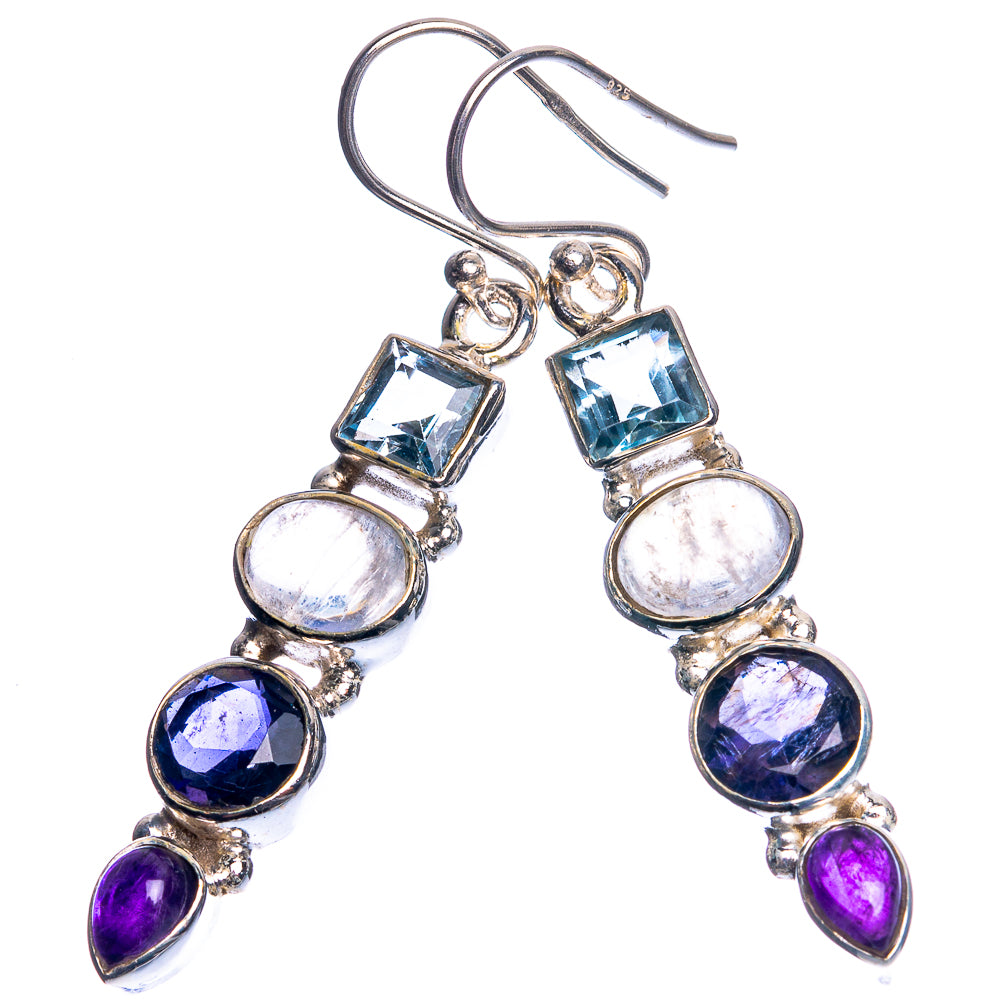 Rainbow Moonstone, Blue Topaz, Tanzanite, Amethyst 925 Sterling Silver Earrings 1 7/8"