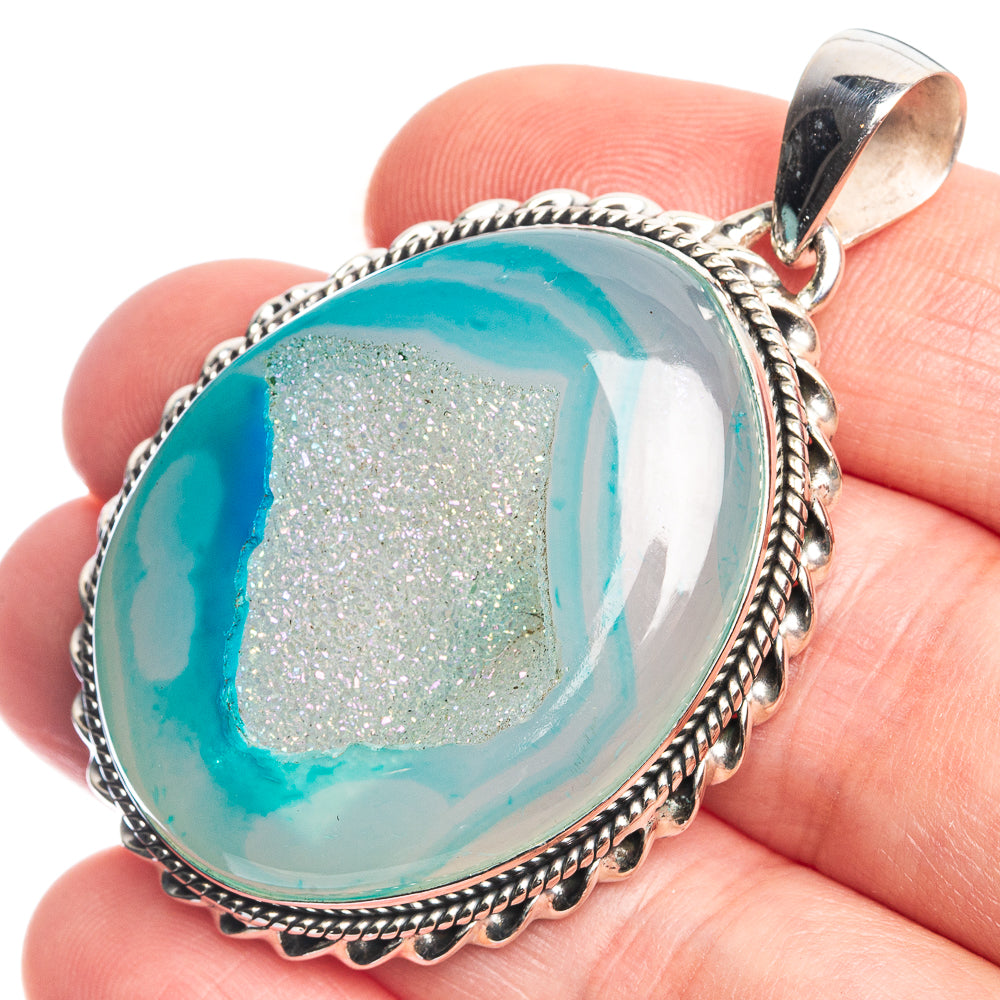 Blue Druzy 925 Sterling Silver Pendant 2"
