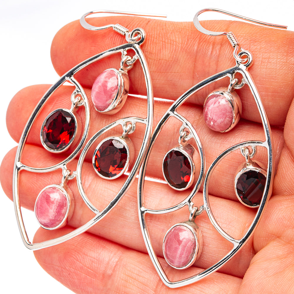 Signature Rhodochrosite, Rose Quartz, Garnet Earrings 2 5/8" (.925 Sterling Silver)