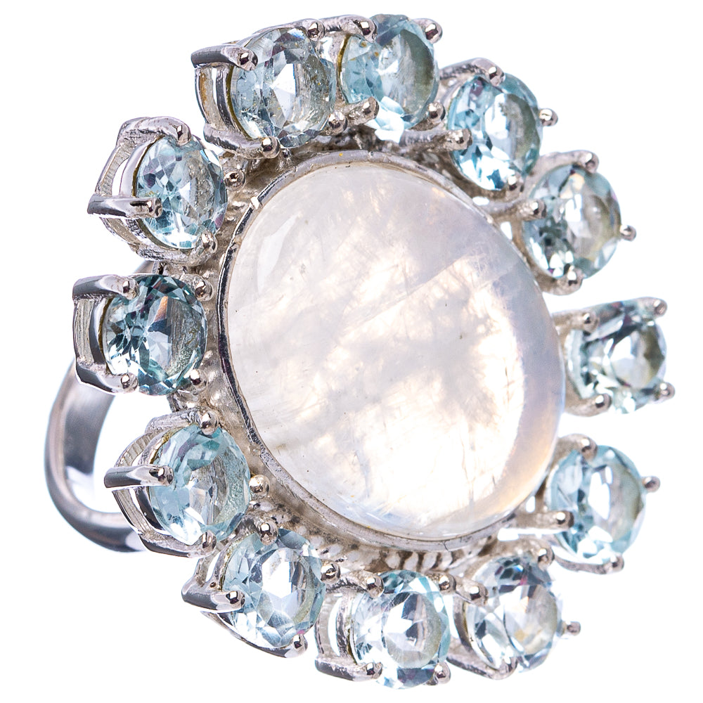 Signature Rainbow Moonstone, Blue Topaz Ring Size 6.75 (.925 Sterling Silver)