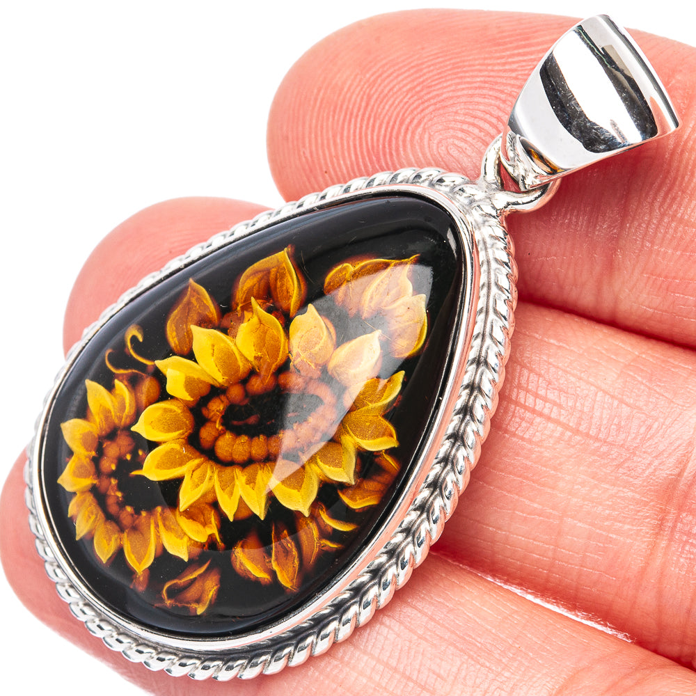 Amber Intaglio Sunflower Pendant 1 3/4" (925 Sterling Silver) P42568