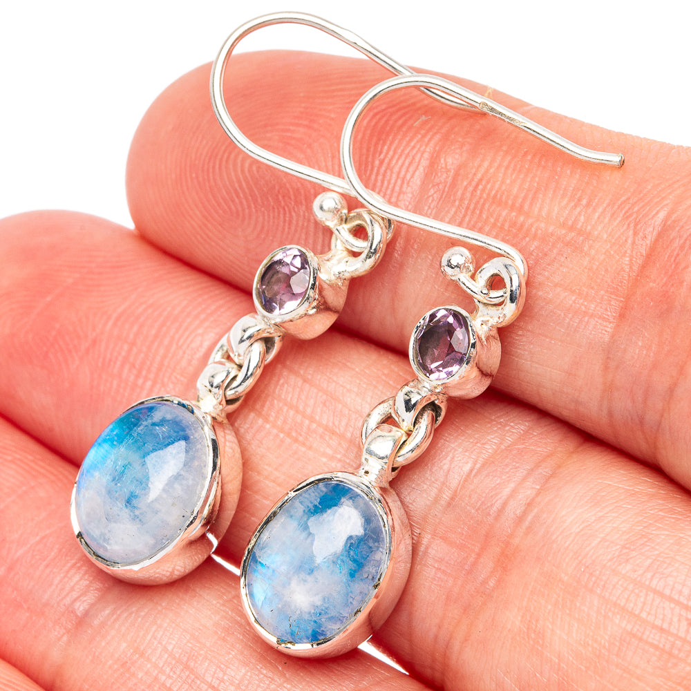 Rainbow Moonstone, Amethyst Earrings 1 1/2" (925 Sterling Silver) E2566