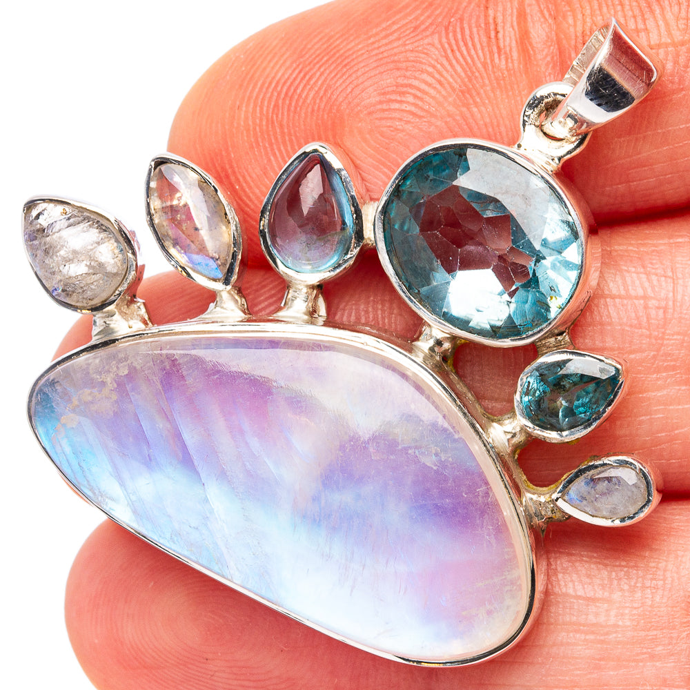 Signature Rainbow Moonstone, Blue Topaz, Rainbow Moonstone Pendant 1 1/2" (.925 Sterling Silver)