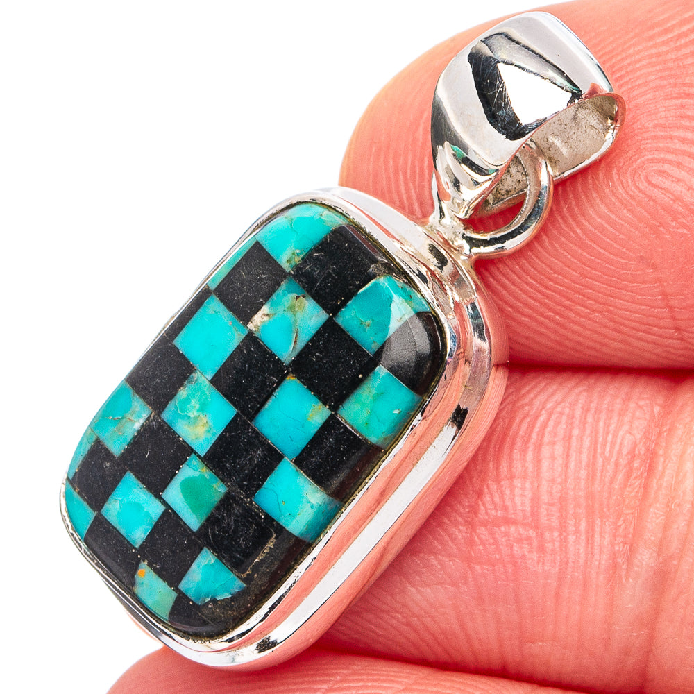 Rare Kingman Turquoise Black Onyx Pendant 1 1/4" (.925 Sterling Silver)