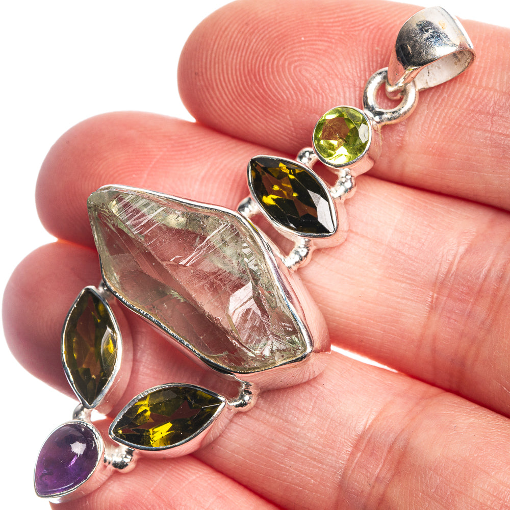 Rough Aquamarine, Peridot, Amethyst 925 Sterling Silver Pendant 2 1/8"