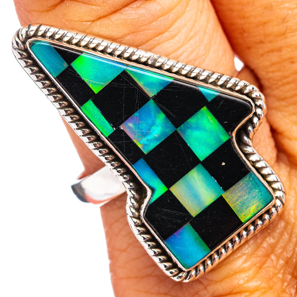 Premium Black Onyx & Aurora Opal Lightning Bolt Ring Size 10 (.925 Sterling Silver)
