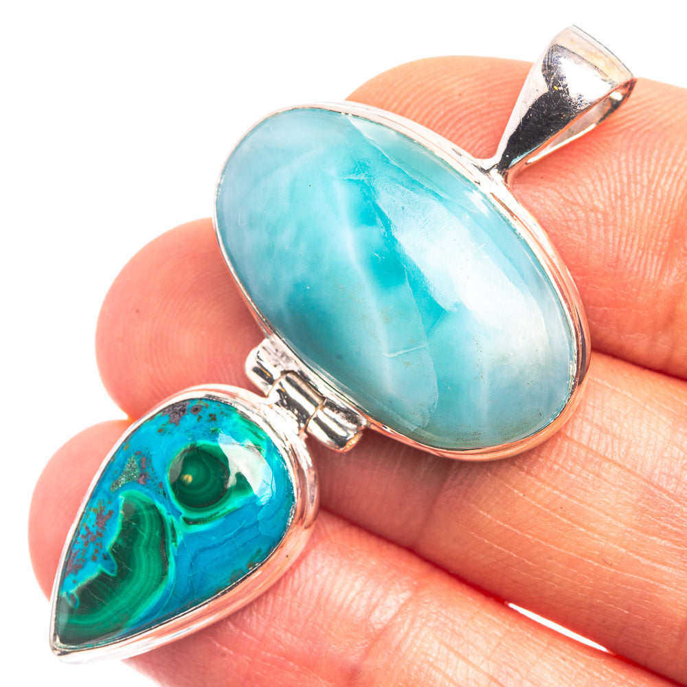 Larimar, Malachite In Chrysocolla Pendant 1 3/4" (925 Sterling Silver) P38949