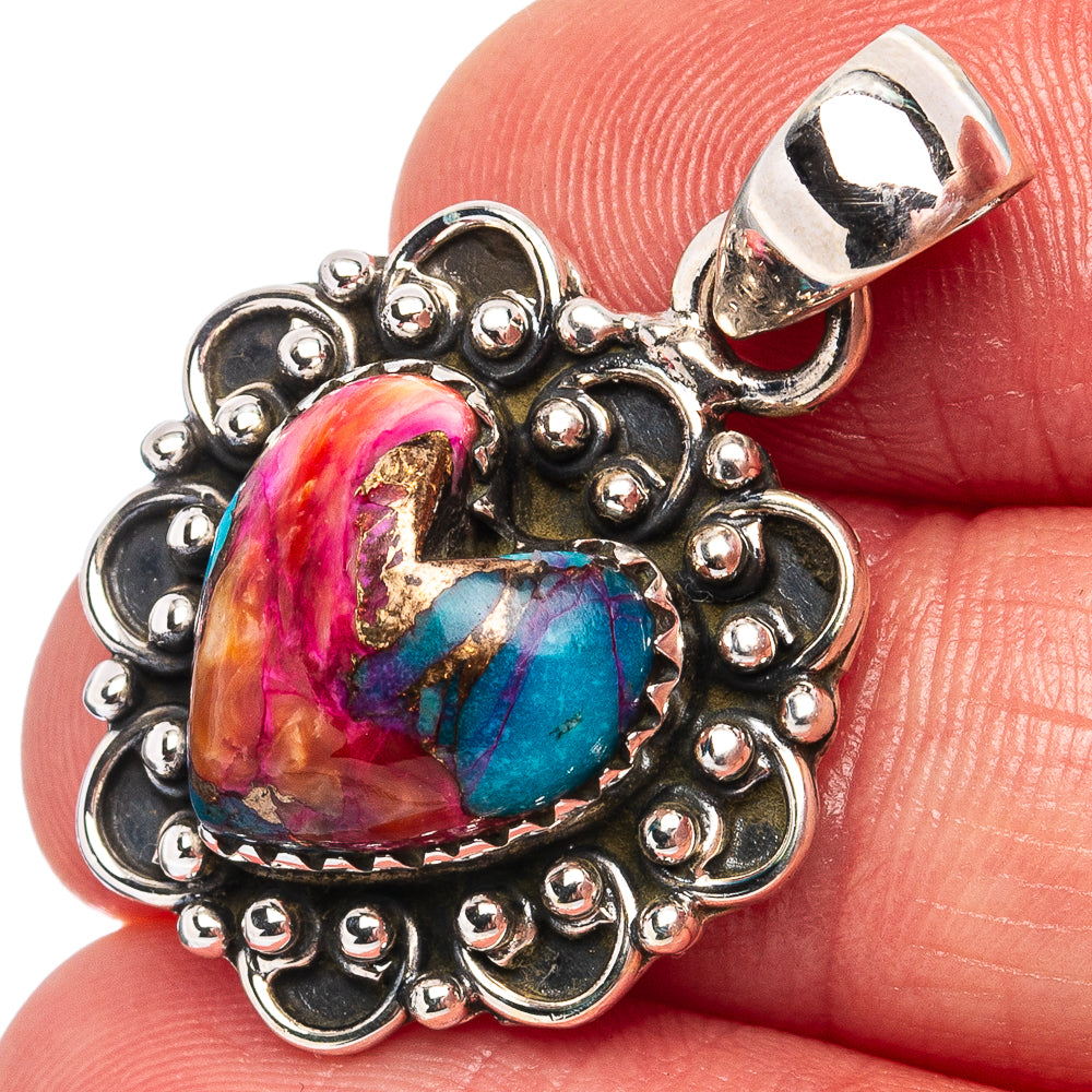 Pink Dahlia Mohave Turquoise Heart Pendant 1 1/8" (.925 Sterling Silver)