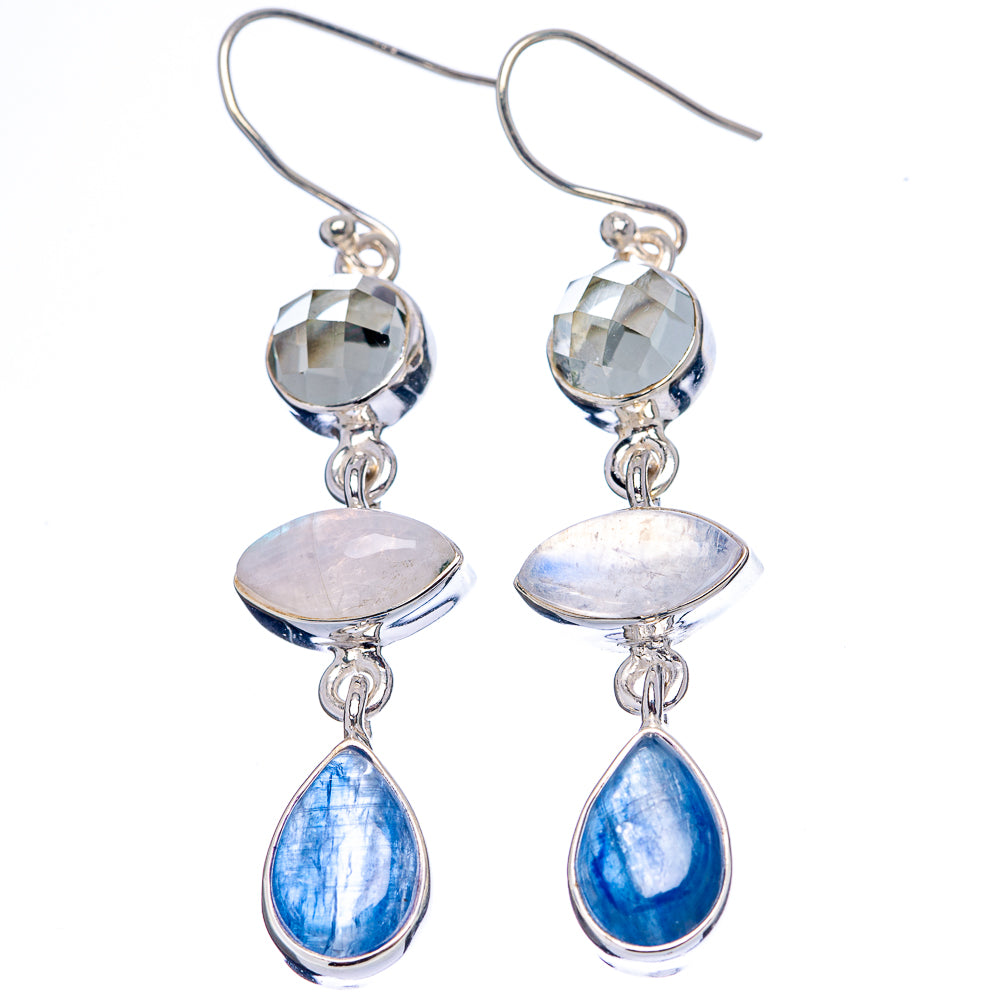 Premium Kyanite, Rainbow Moonstone, White Quartz Earrings 2 1/8" (.925 Sterling Silver)