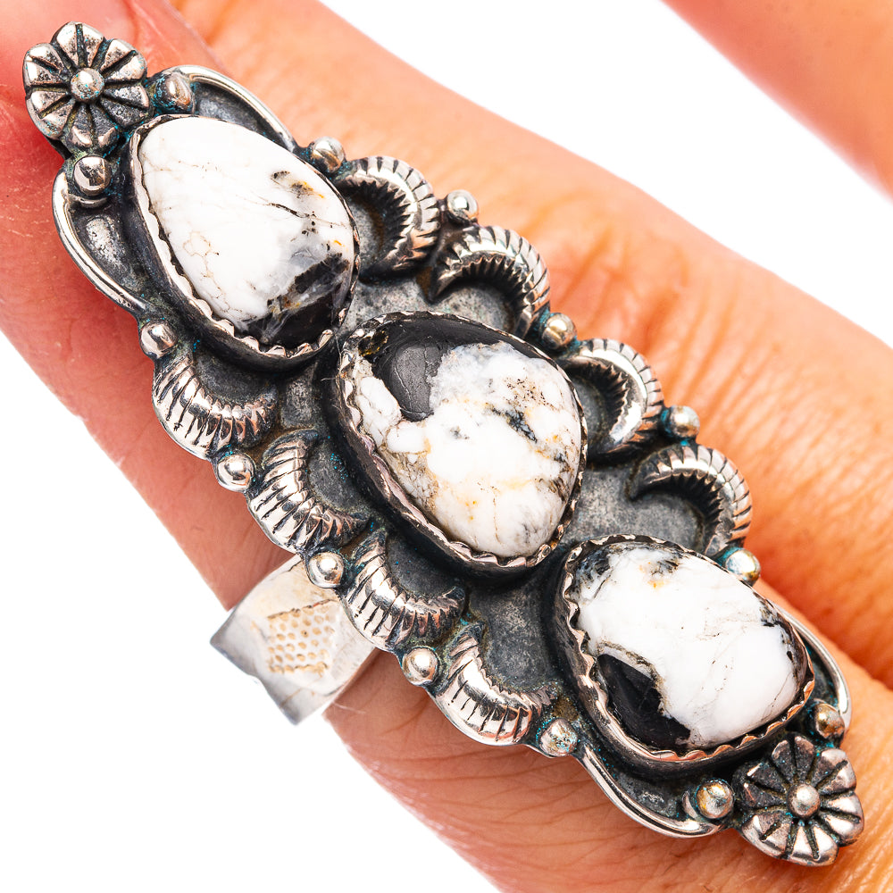 Exclusive Native Style White Buffalo Turquoise Ring Size 6 Adjustable (.925 Sterling Silver)