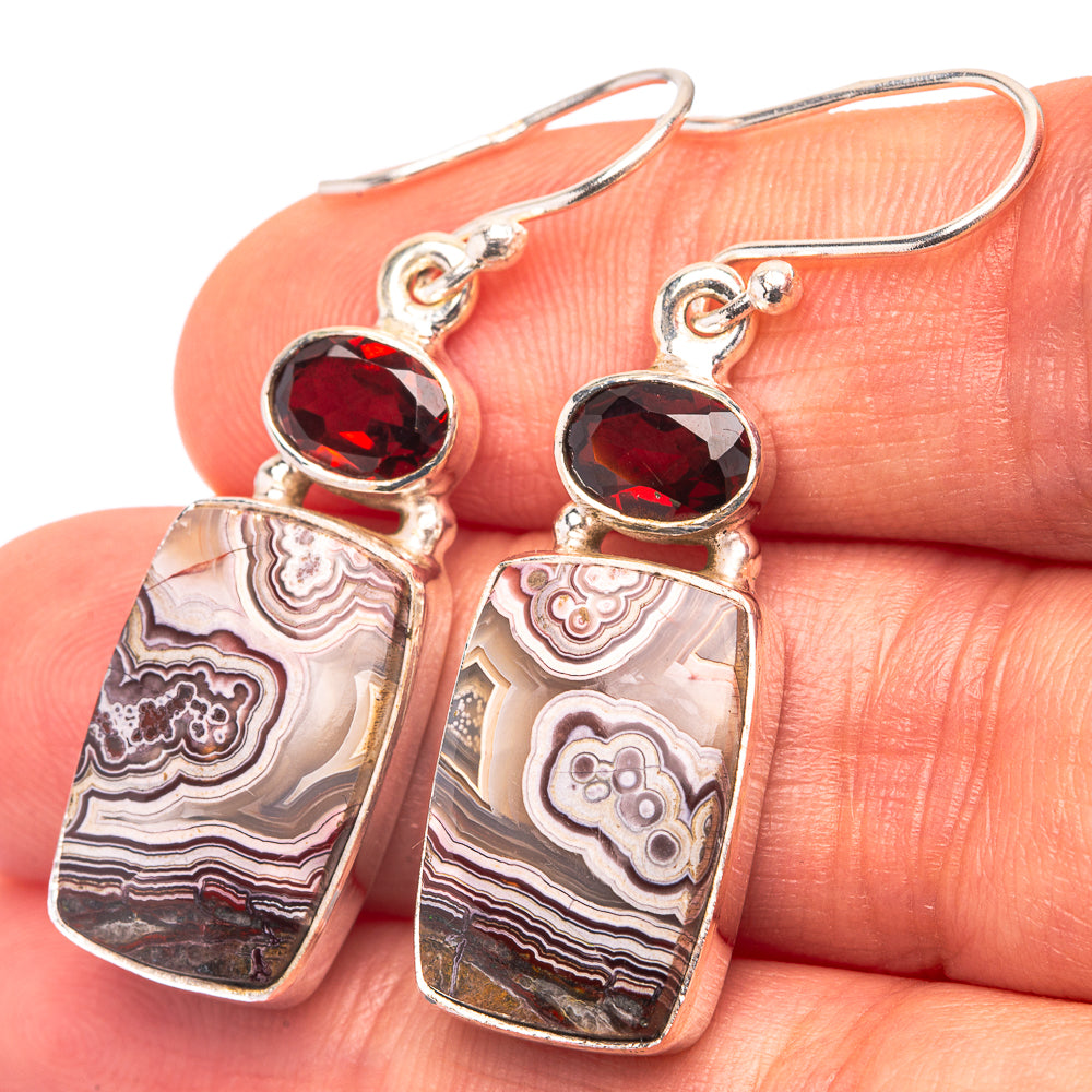 Crazy Lace Agate, Garnet 925 Sterling Silver Earrings 1 5/8" (925 Sterling Silver) EARR432224