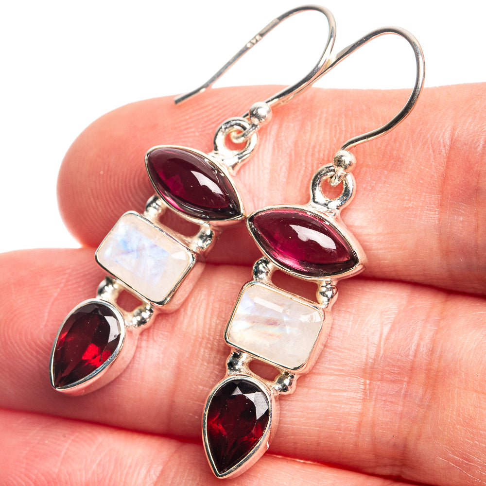 Rainbow Moonstone, Garnet Earrings 1 5/8" (925 Sterling Silver) E432760