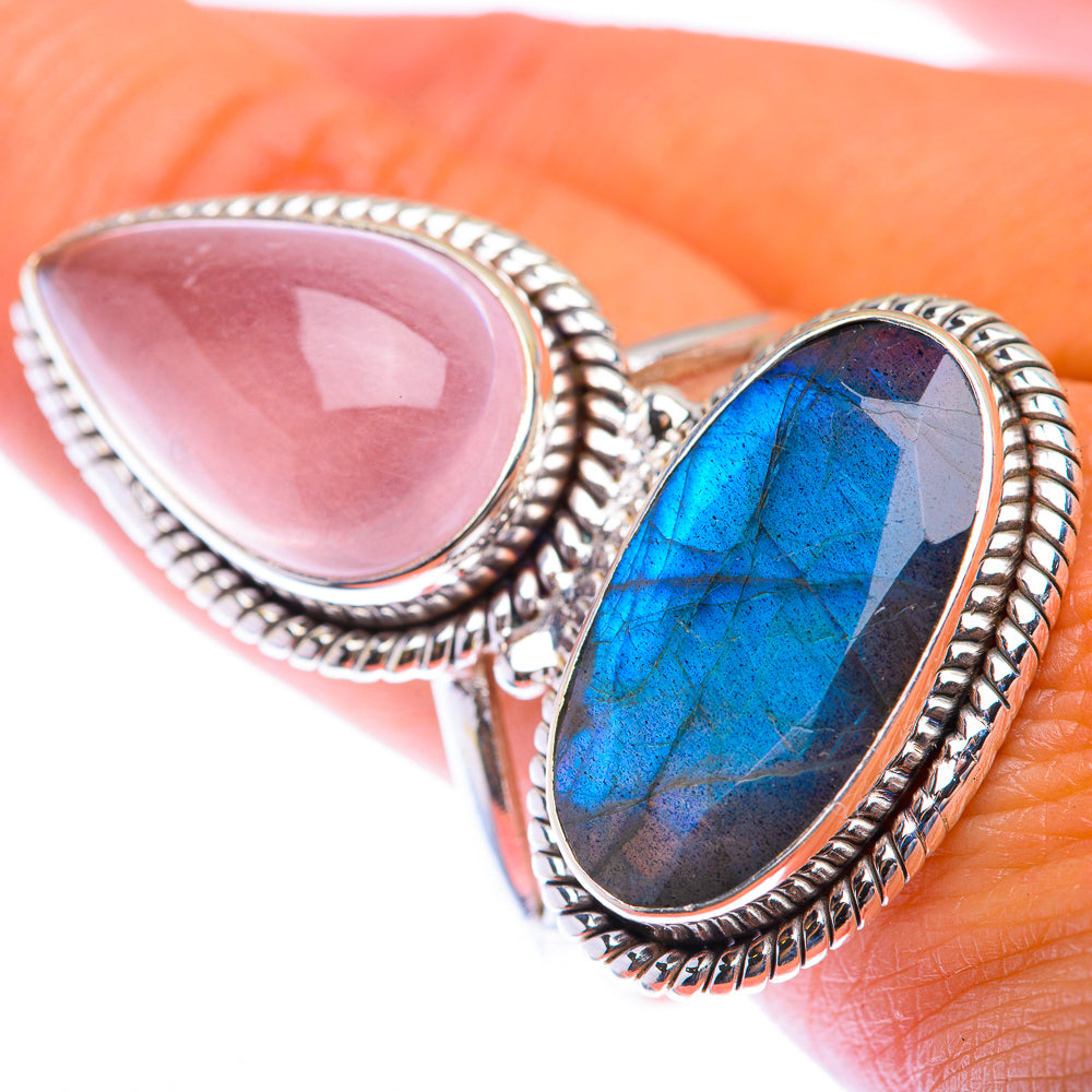 Large Rose Quartz, Labradorite Ring Size 12 (925 Sterling Silver) RING140037