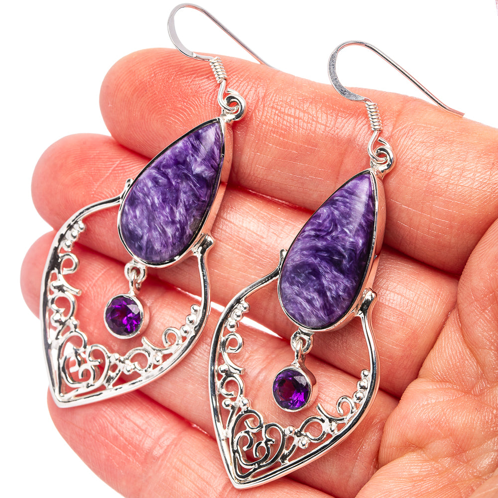 Signature Charoite, Amethyst Earrings 2 1/2" (.925 Sterling Silver)