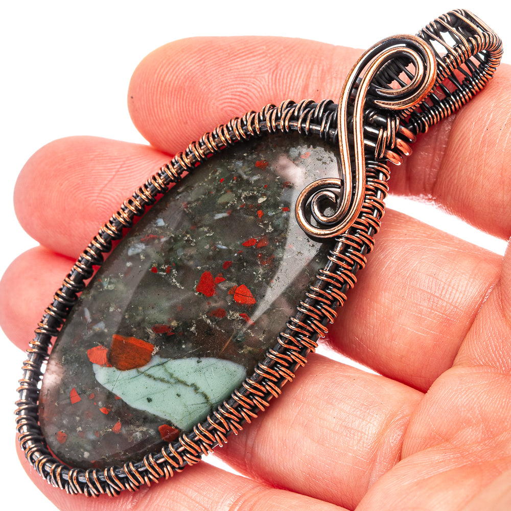 Bloodstone Wire Wrap Pendant 3" (Oxidized Copper)