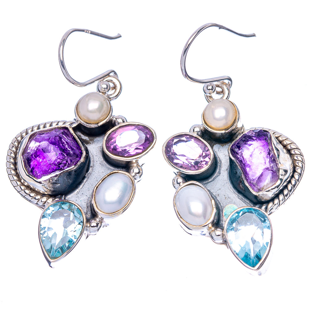 Premium Rough Amethyst, Blue Topaz, Cultured Pearl Earrings 1 5/8" (925 Sterling Silver) E1687