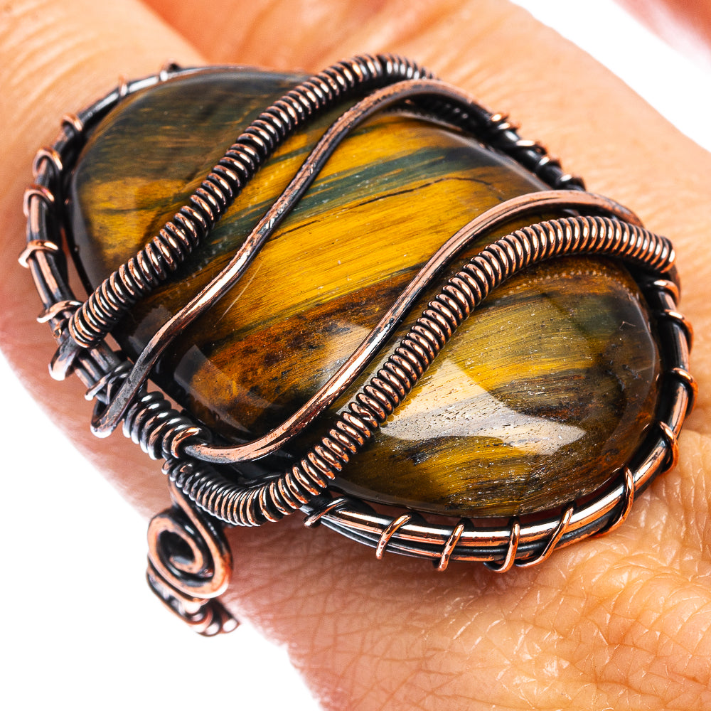 Blue Tiger's Eye Wire Wrap Ring Size 9.5 (Oxidized Copper)