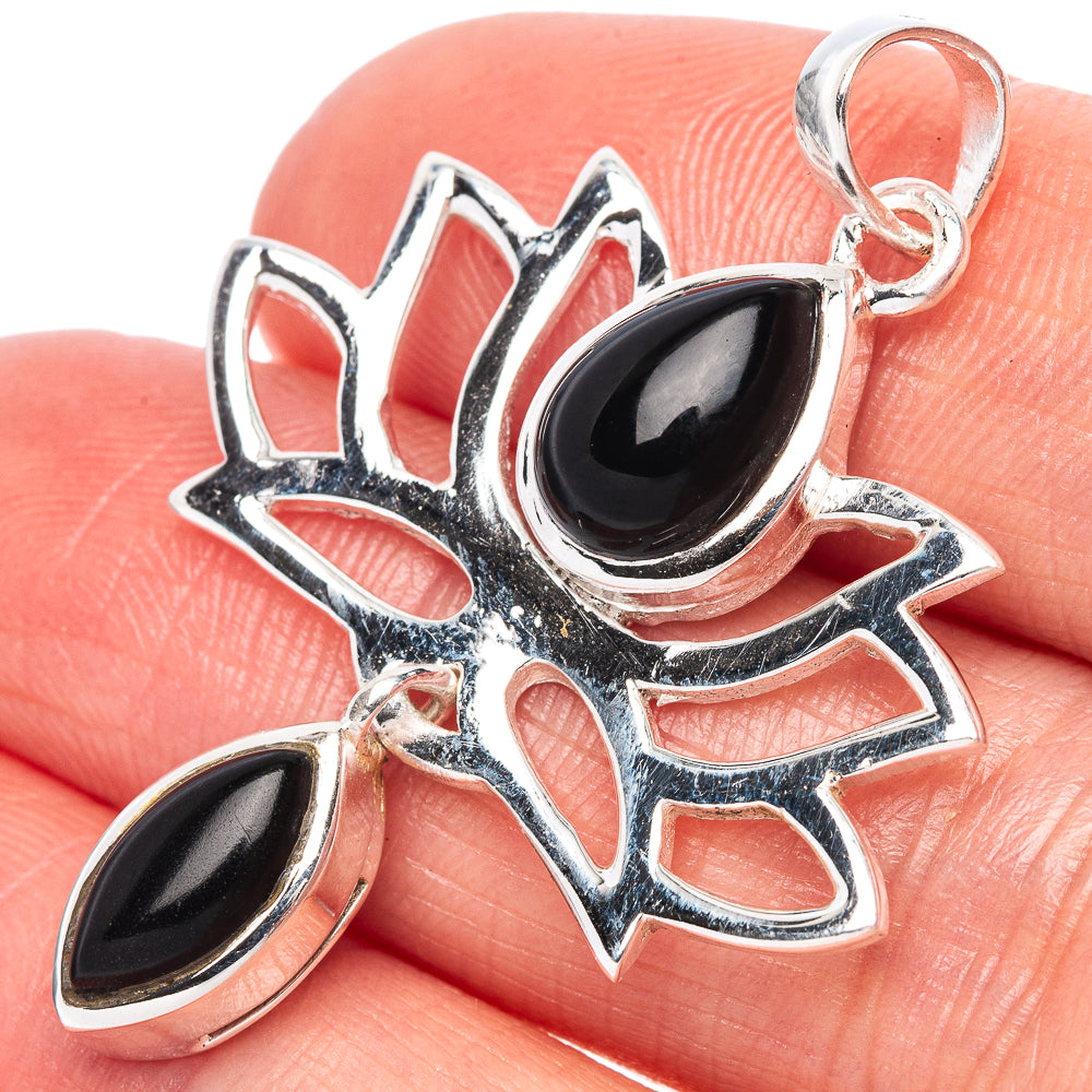Black Onyx Lotus Dainty Pendant 1 5/8" (925 Sterling Silver) P43573