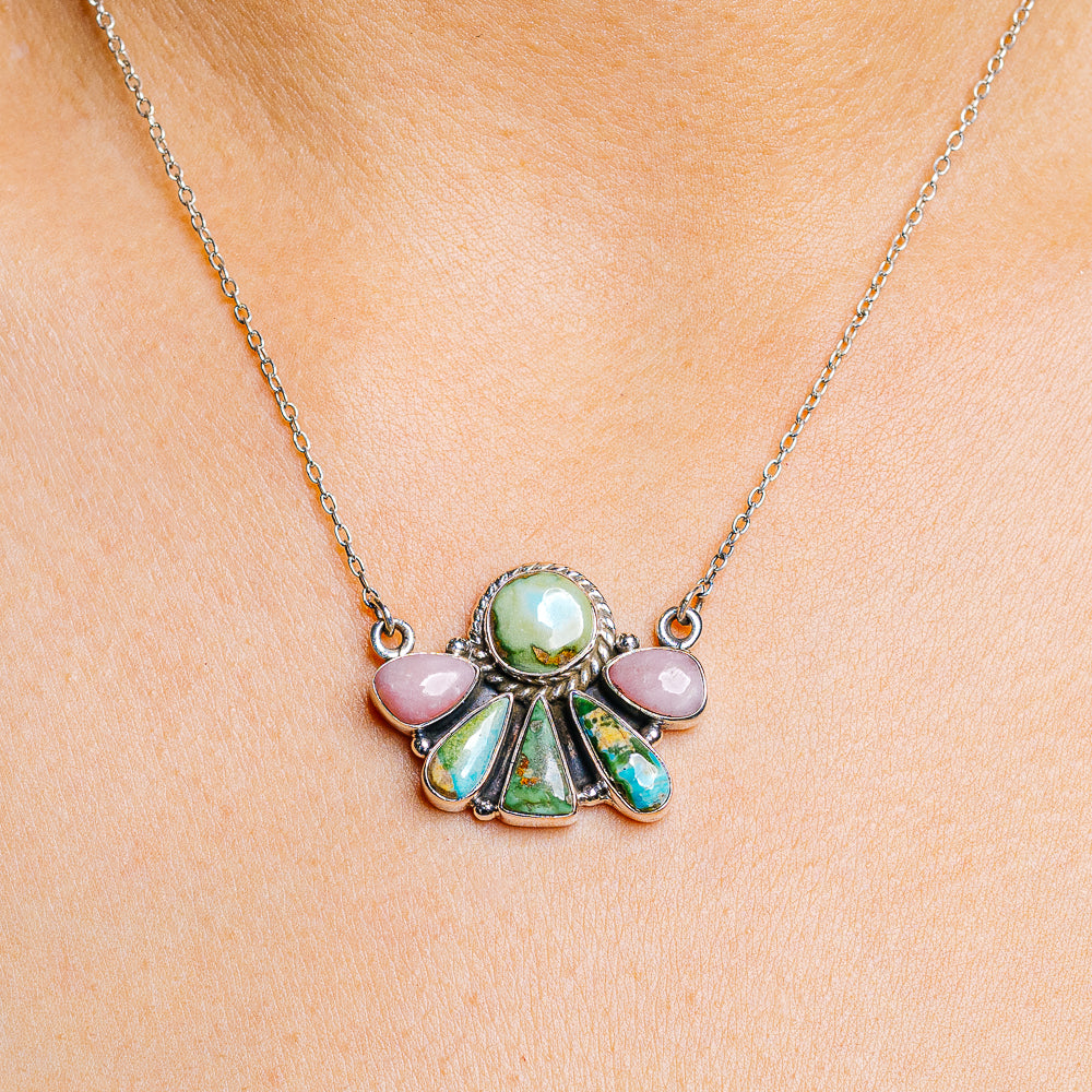 Sonoran Gold Turquoise, Pink Opal Necklace 16 to 18" (.925 Sterling Silver)