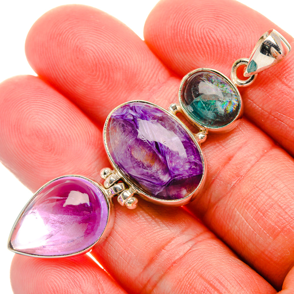 Charoite, Amethyst, Tibetan Turquoise Pendant 2 1/2" (925 Sterling Silver) PD38148
