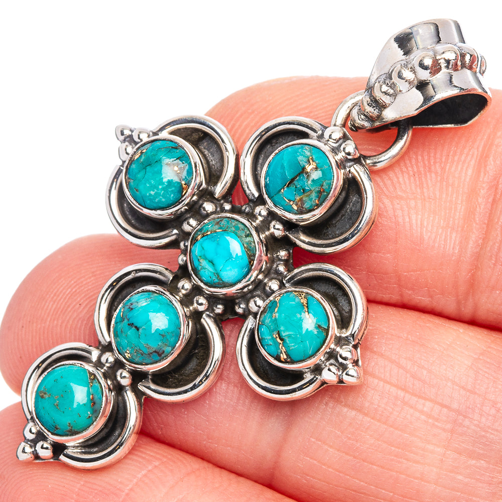 Blue Copper Composite Turquoise Cross Pendant 1 5/8" (925 Sterling Silver) P40310