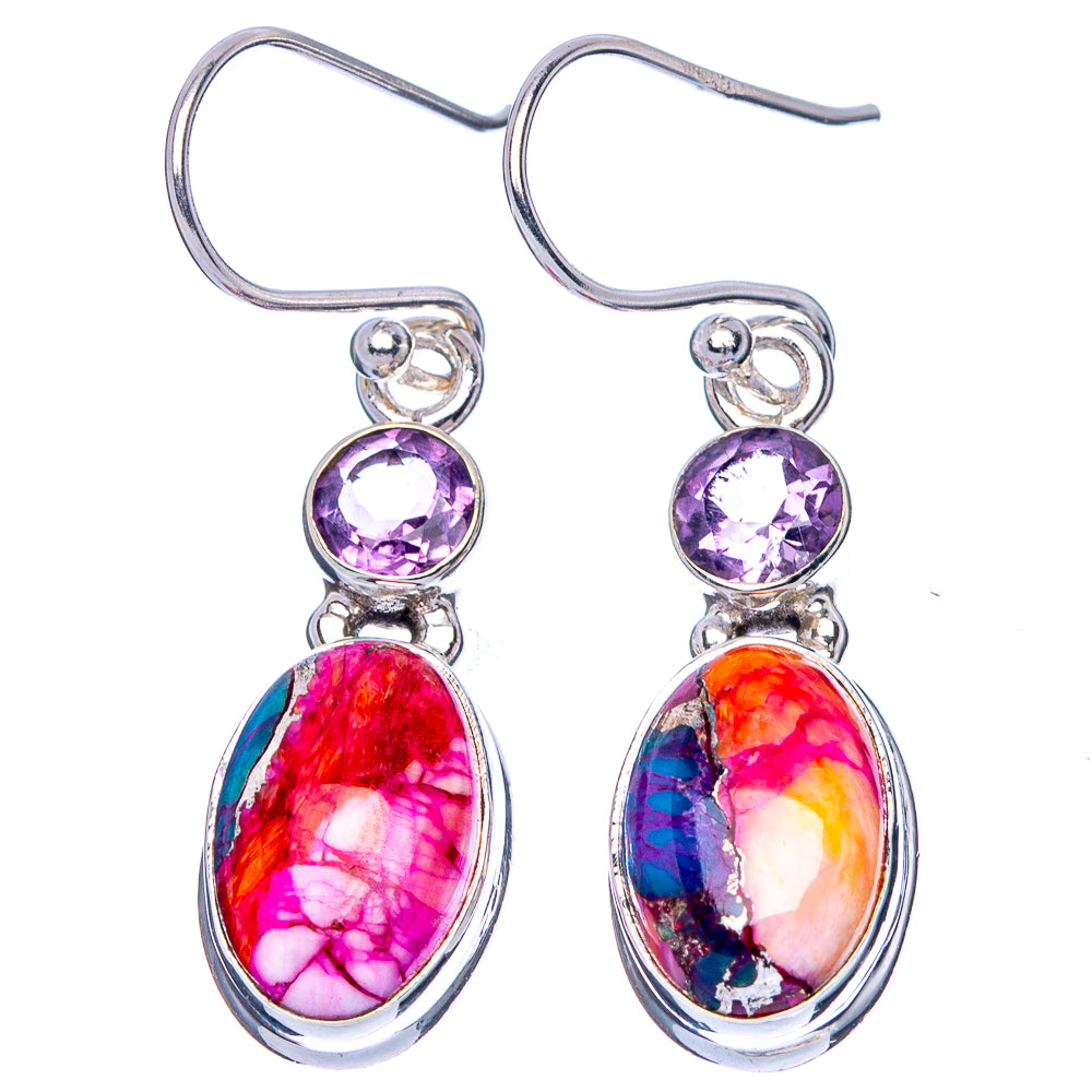 Kingman Pink Dahlia Turquoise, Amethyst Earrings 1 3/8" (925 Sterling Silver) E1697