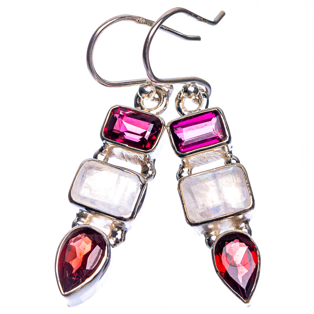 Rainbow Moonstone, Garnet Earrings 1 1/2" (925 Sterling Silver) E432683