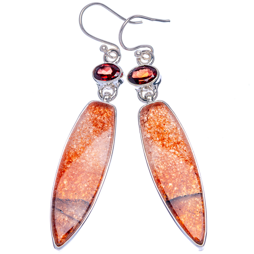 Sunstone, Garnet Earrings 2 1/2" (925 Sterling Silver) E433046