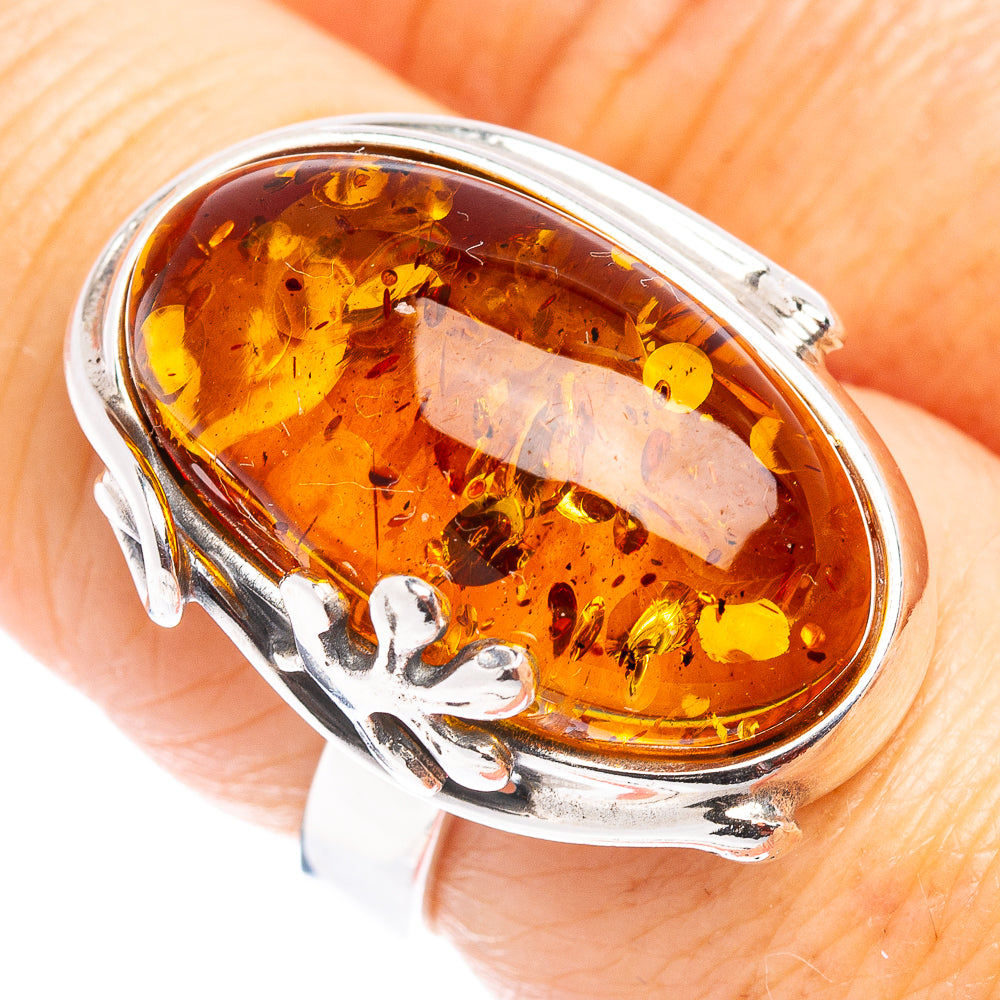 Baltic Amber Leaf Ring Size 6 Adjustable (.925 Sterling Silver)