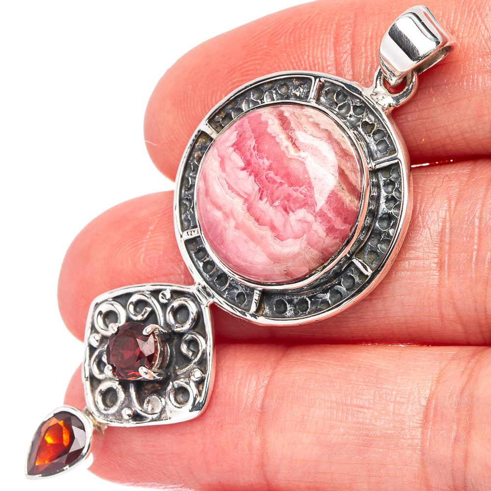 Signature Rhodochrosite, Garnet Pendant 2 1/4" (.925 Sterling Silver)