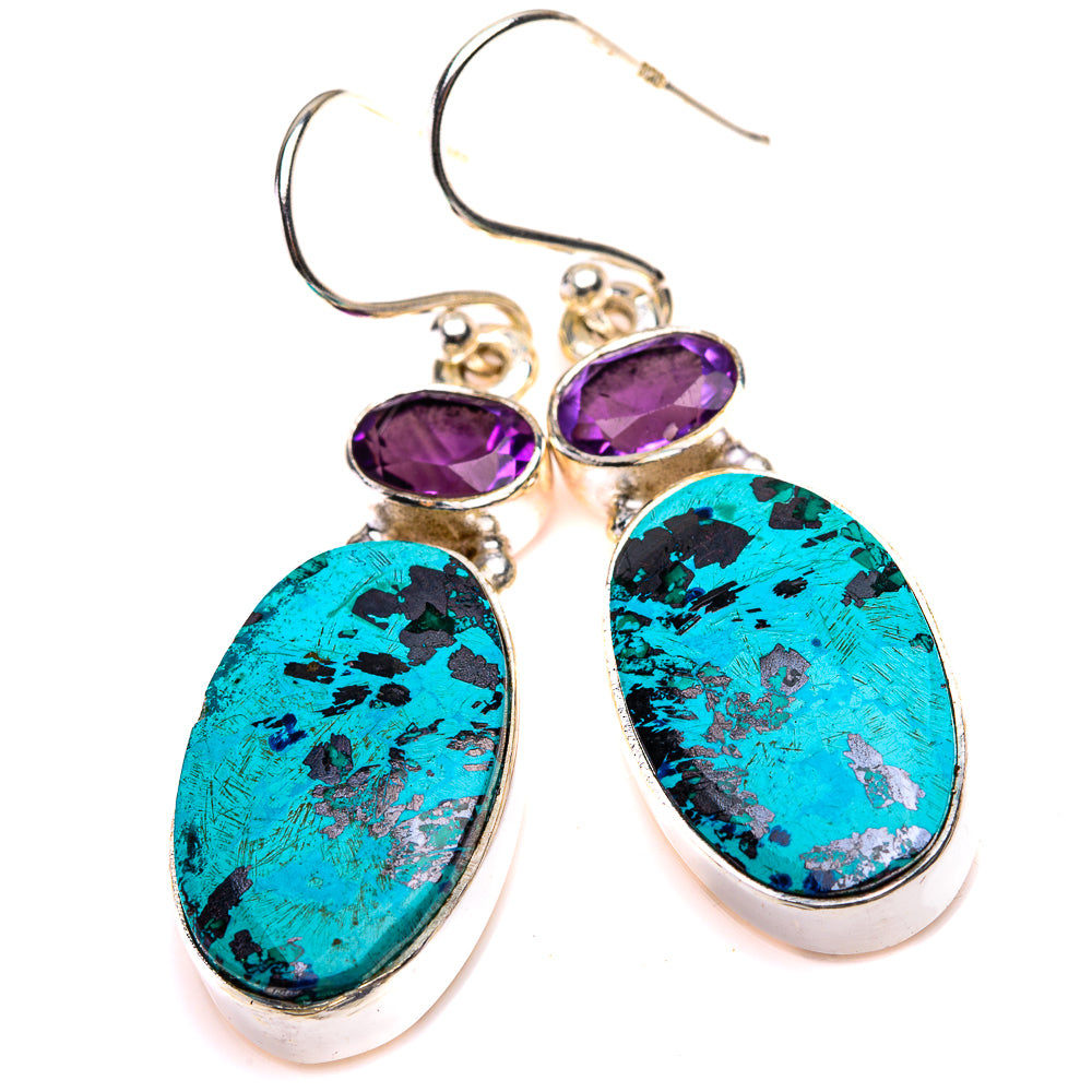 Shattuckite, Amethyst Earrings 1 5/8" (925 Sterling Silver) EARR432173