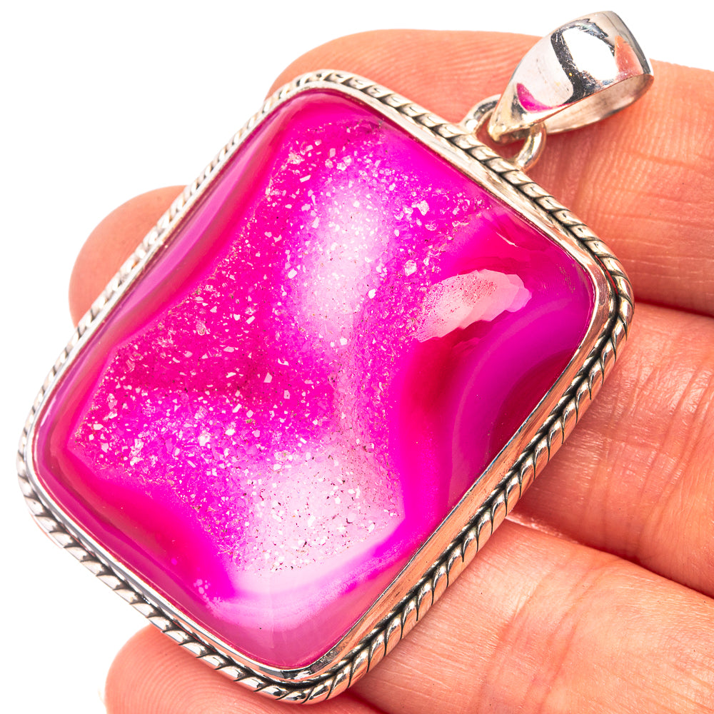 Pink Agate Druzy Pendant 2" (925 Sterling Silver) P38873