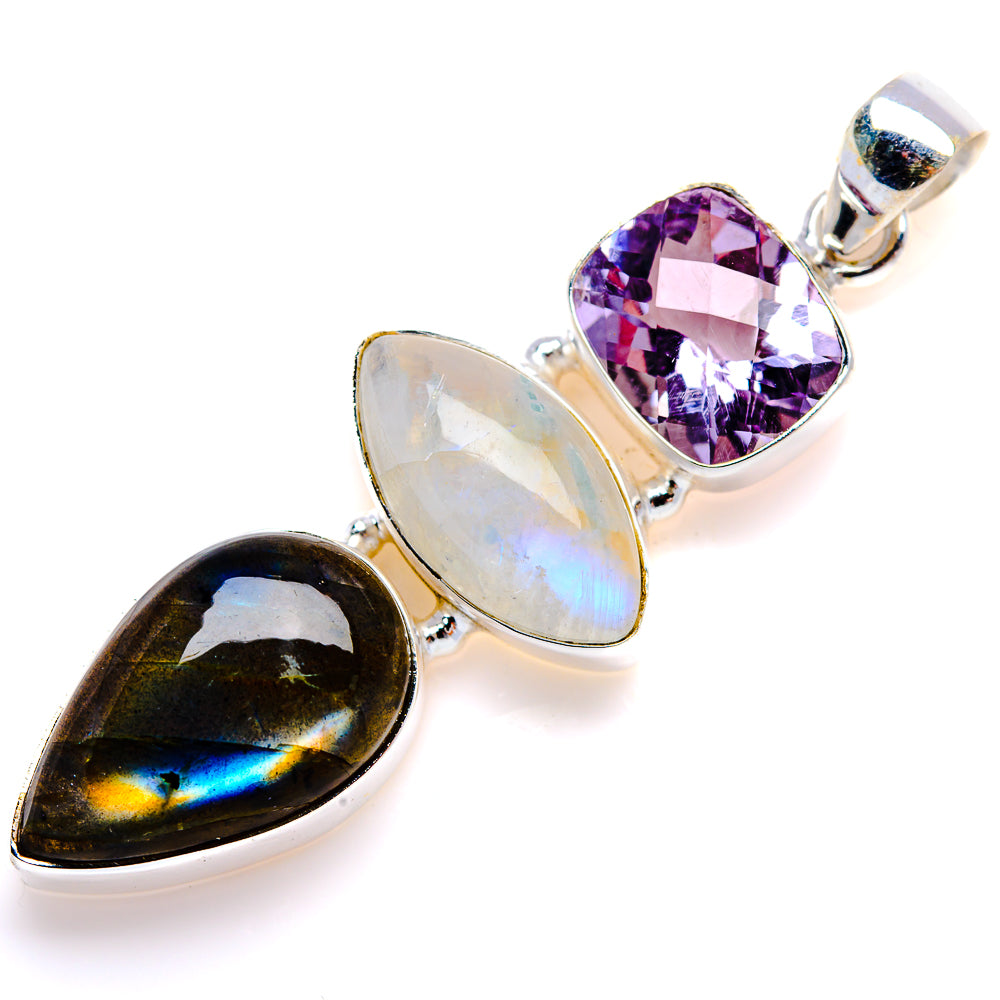 Labradorite, Rainbow Moonstone, Amethyst Pendant 2 1/4" (925 Sterling Silver) PD38156
