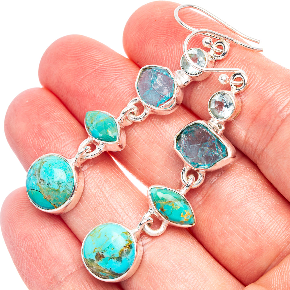 Premium Kingman Turquoise, Blue Topaz Earrings 2 1/4" (925 Sterling Silver) E1773
