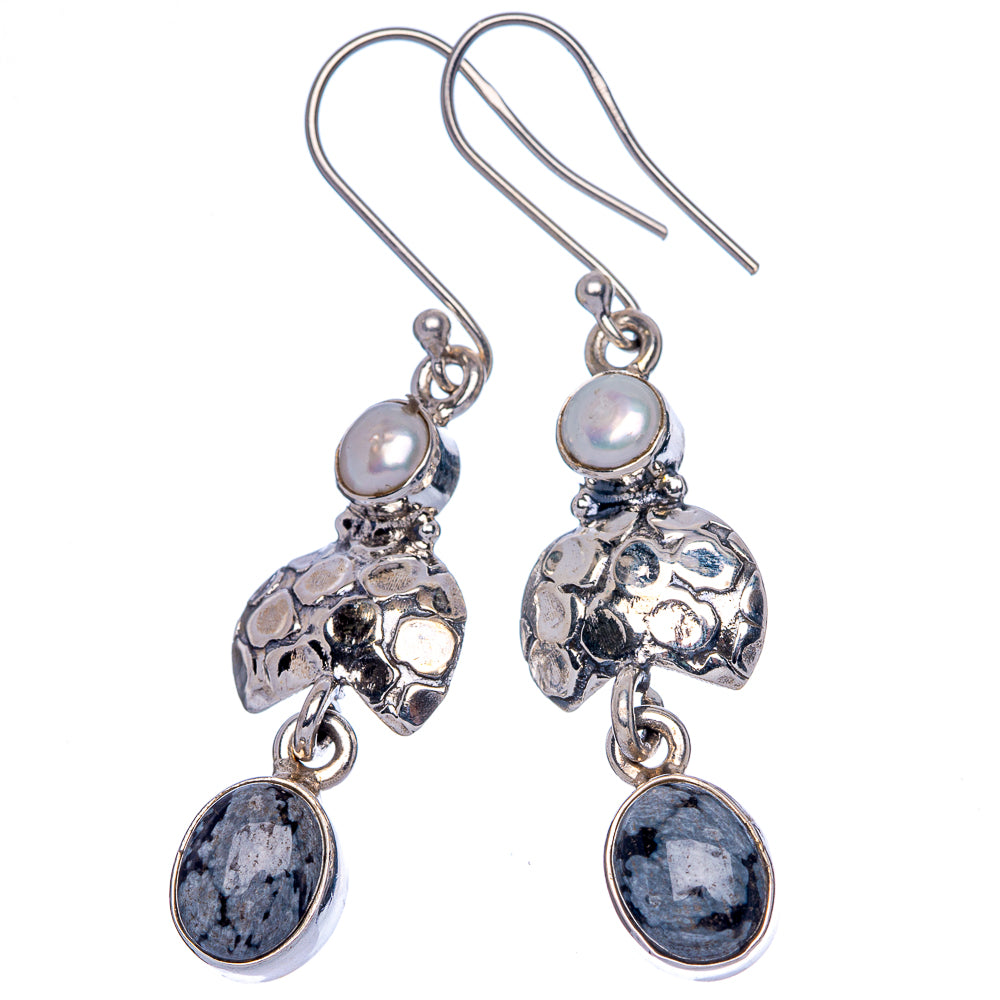 Snowflake Obsidian, Cultured Pearl Earrings 2" (925 Sterling Silver) E433197