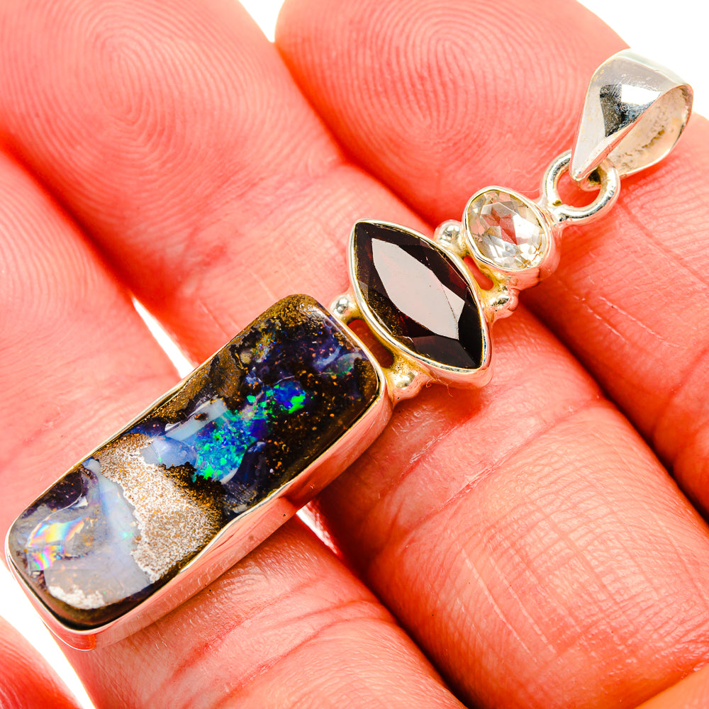 Boulder Opal, Garnet, White Quartz Pendant 2" (925 Sterling Silver) PD38249