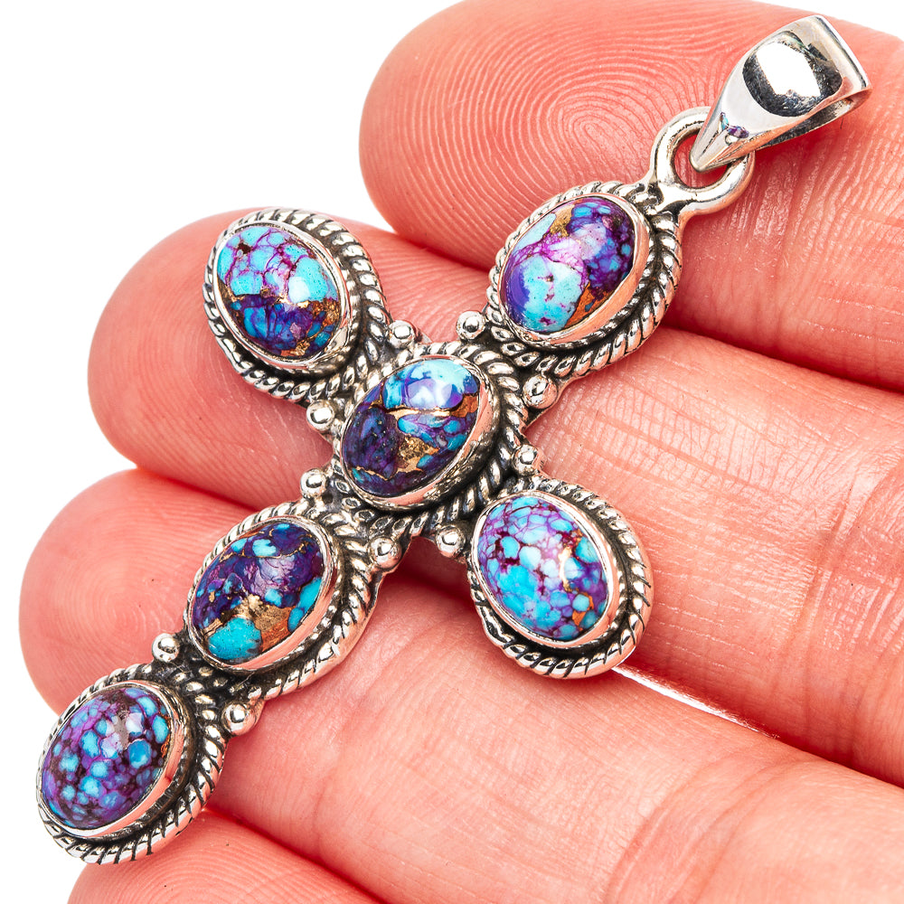 Spiny Oyster Turquoise Cross Pendant 2" (925 Sterling Silver) P43097