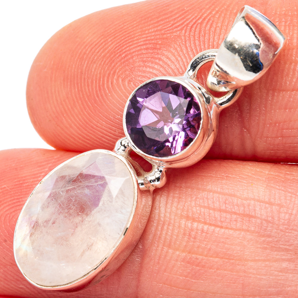 Faceted Rainbow Moonstone , Amethyst Pendant 1 3/8" (.925 Sterling Silver)
