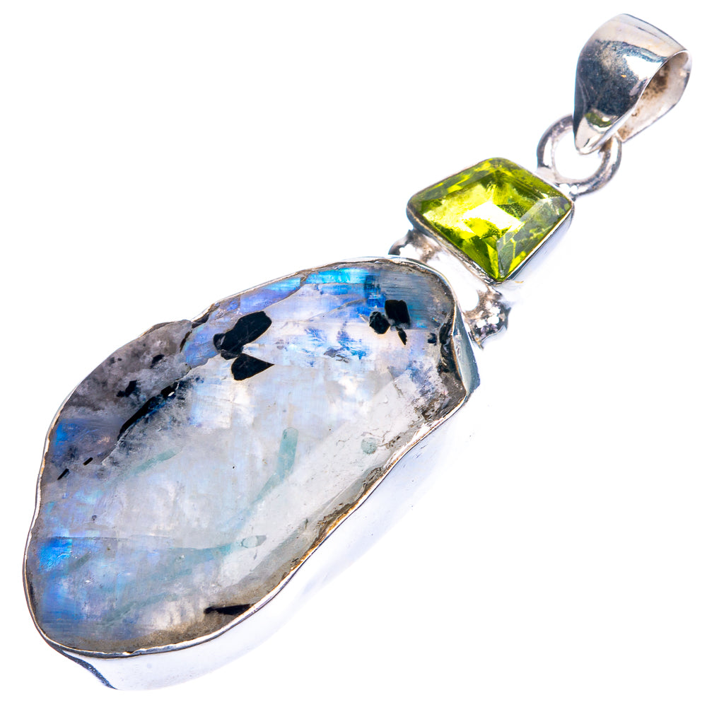 Raw Rainbow Moonstone, Peridot Pendant 2 1/8" (925 Sterling Silver) P39206