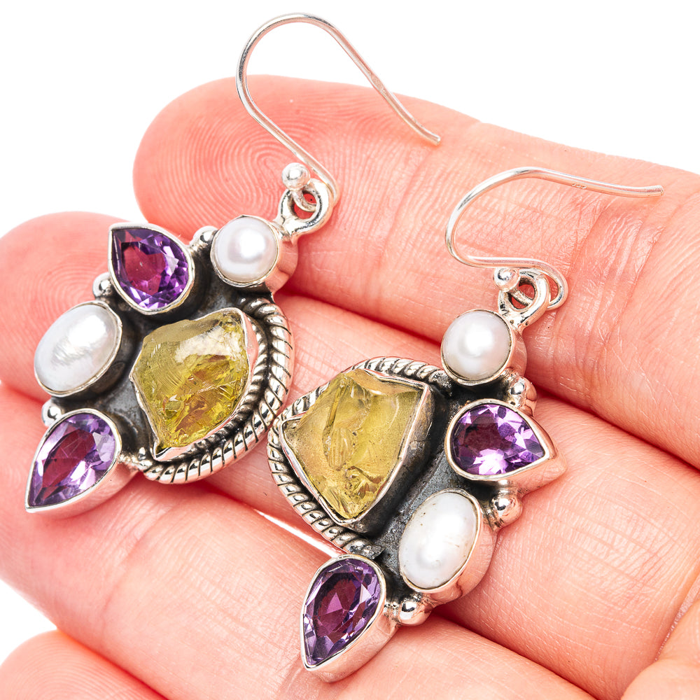 Premium Rough Citrine, Amethyst, Cultured Pearl Earrings 1 5/8" (925 Sterling Silver) E1285
