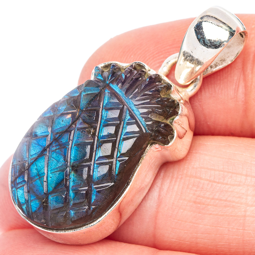 Carved Labradorite Pineapple Pendant 1 3/8" (925 Sterling Silver) P44161