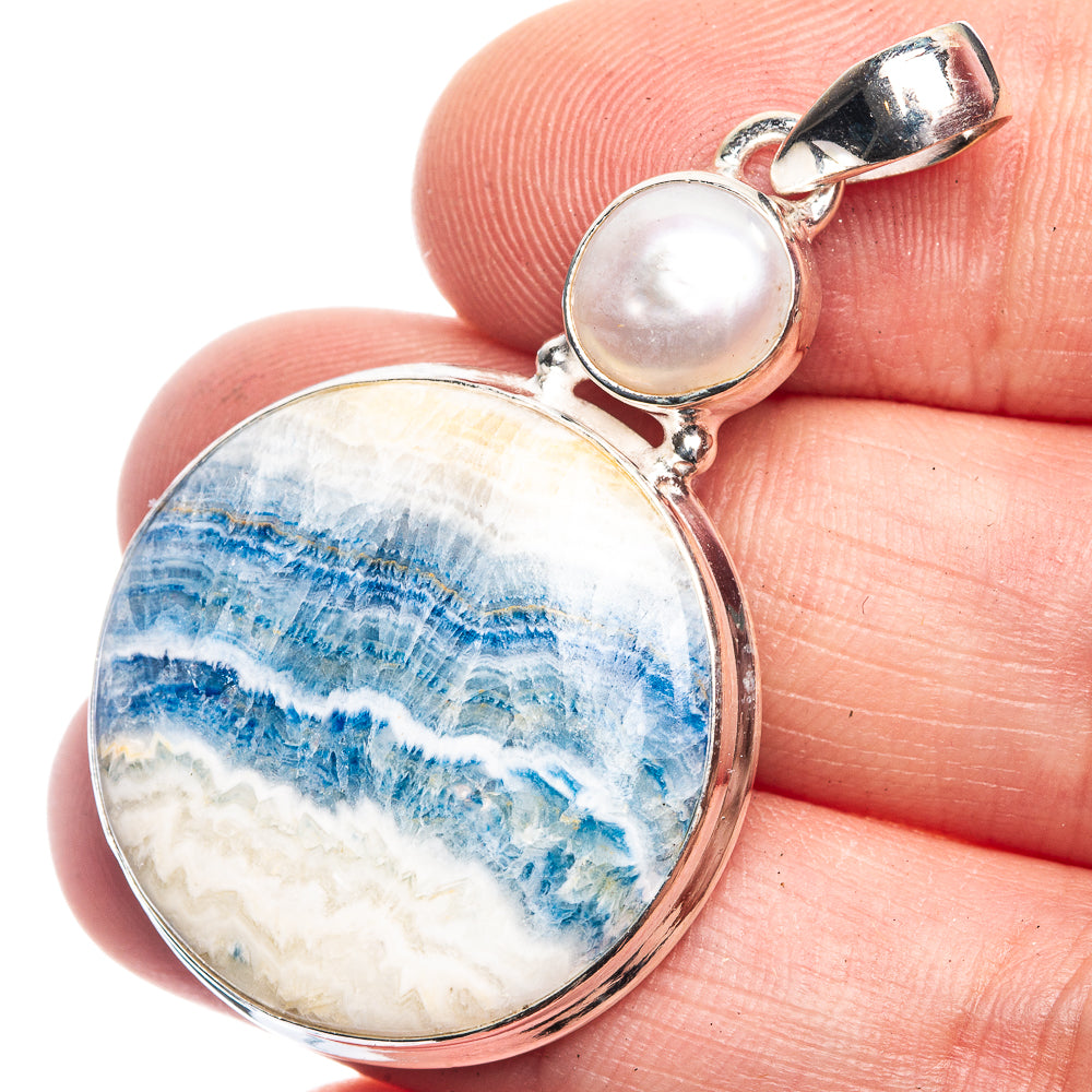 Blue Scheelite, Cultured Pearl Pendant 1 3/4" (925 Sterling Silver) P39145