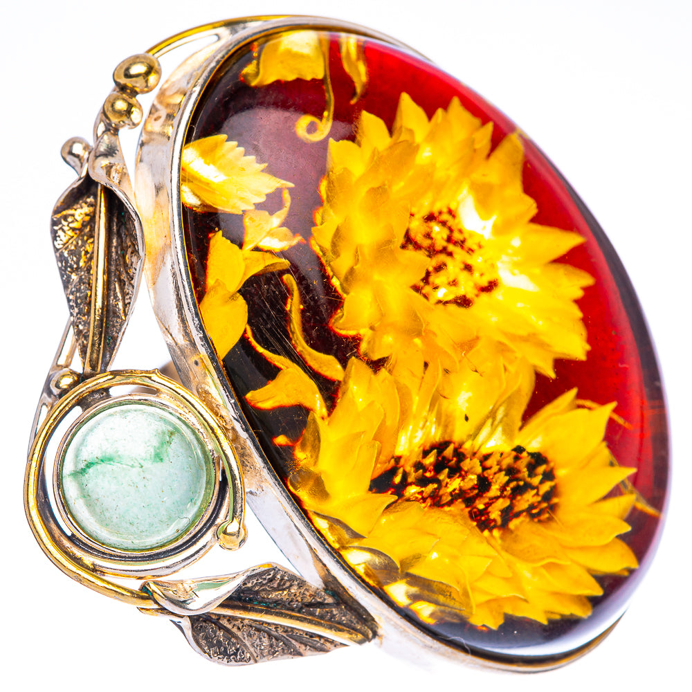 Amber Intaglio Sunflower Ring Size 7 Adjustable (925 Sterling Silver) R3829