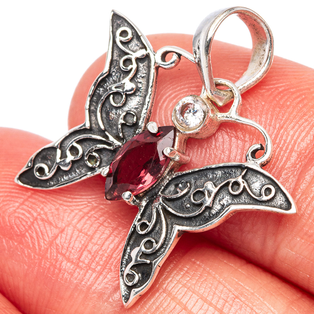 Garnet, White Quartz Butterfly Dainty Pendant 1" (925 Sterling Silver) P43542