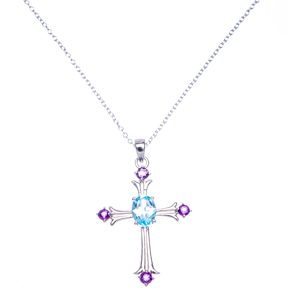 Blue Topaz, Amethyst Cross Necklace 18 3/8" (925 Sterling Silver) N90070