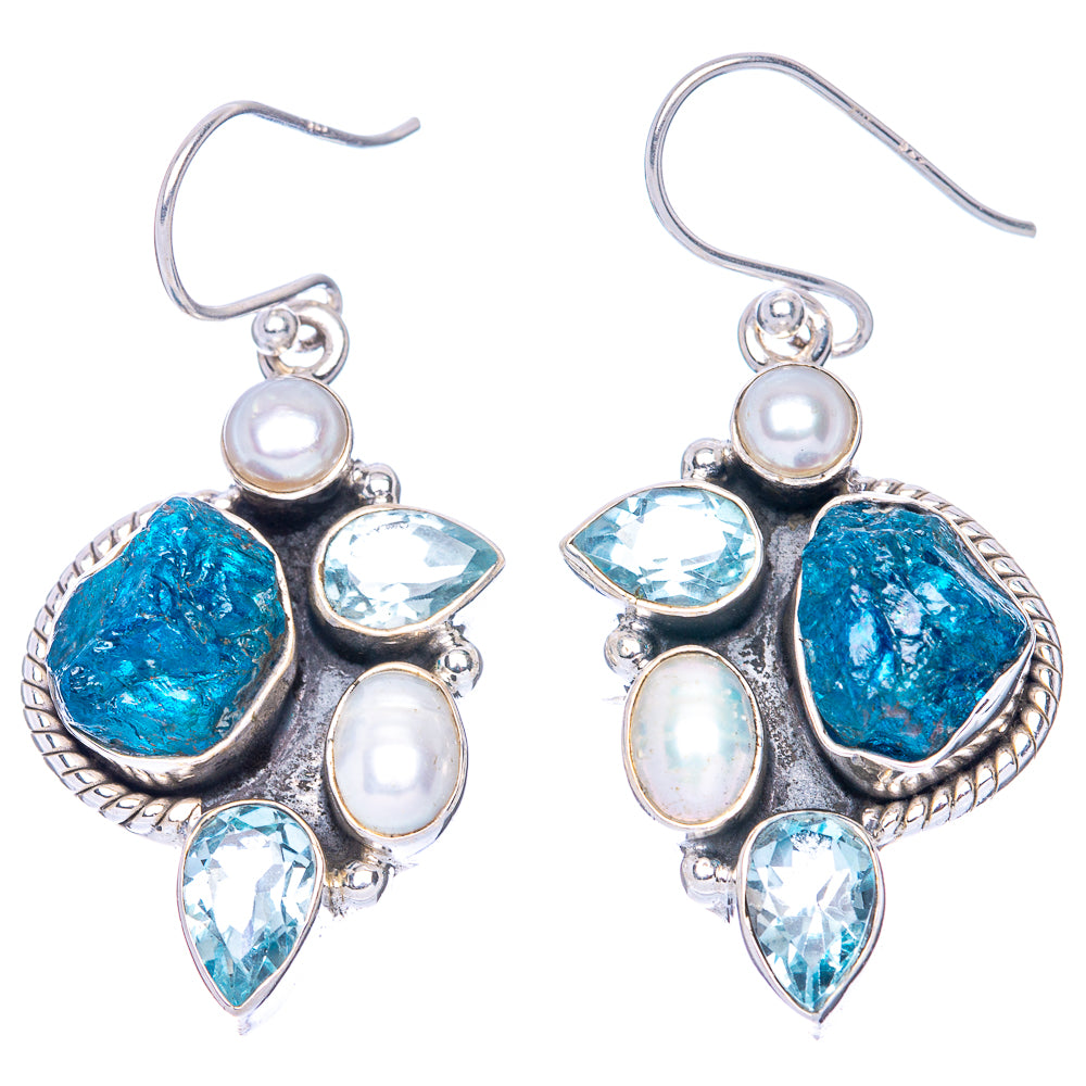 Premium Rough Apatite, Blue Topaz, Cultured Pearl 925 Sterling Silver Earrings 1 5/8" (925 Sterling Silver) E1206
