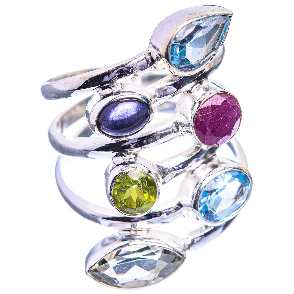 Large Blue Topaz, Tanzanite, Ruby, Peridot Ring Size 7.75 (925 Sterling Silver) R143164