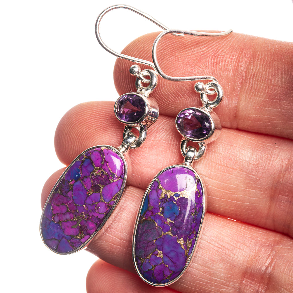 Purple Copper Composite Turquoise, Amethyst 925 Sterling Silver Earrings 1 7/8"