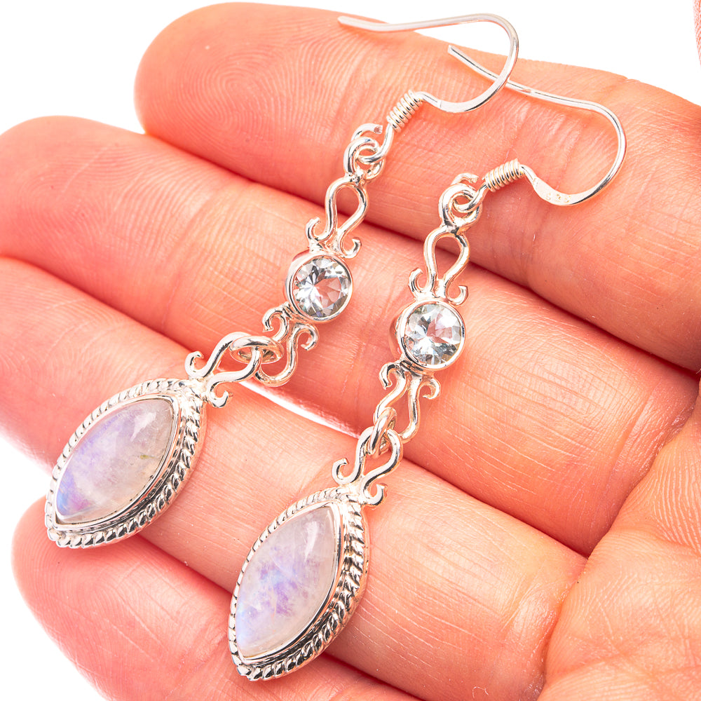 Premium Rainbow Moonstone, Blue Topaz Earrings 2 1/4" (925 Sterling Silver) E432355