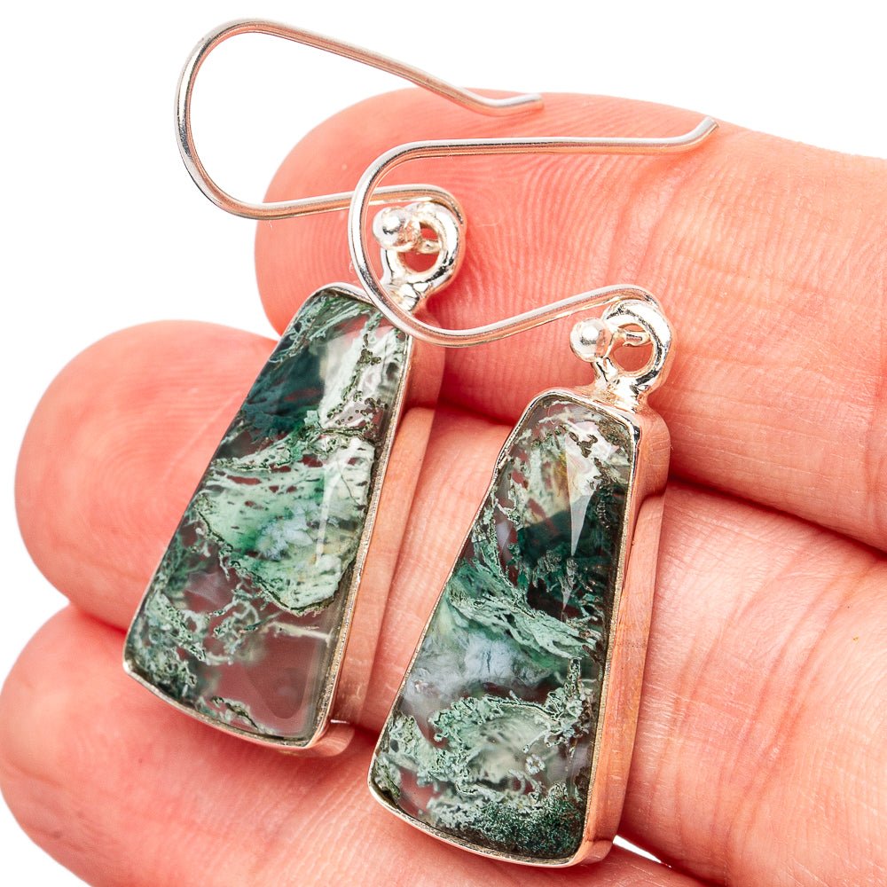 Green Moss Agate Earrings 1 5/8" (.925 Sterling Silver)